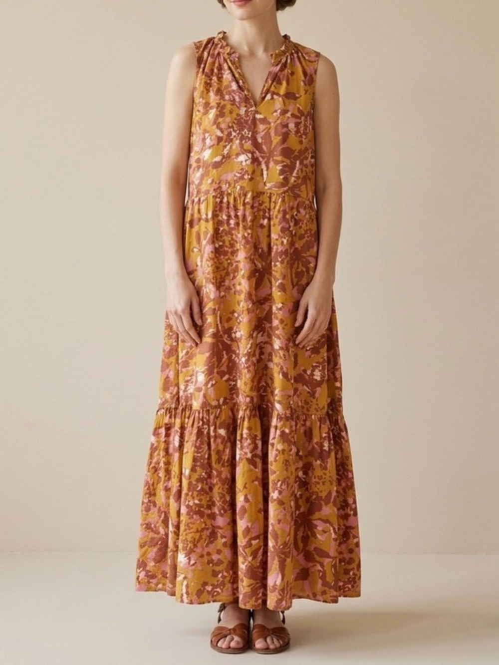 GARANCE PARIS Tiered Floral Ruffle Maxi Dress Pink Mustard‎